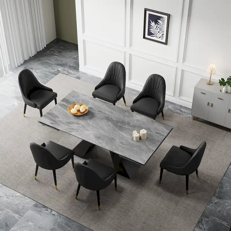 9 - Piece 110.24 Extendable Sintered Stone Dining Table and 8 Leather Chairs Dining Set