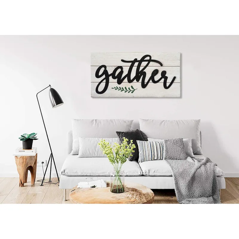 Black Metal Cutout Words Gather on White Wood Plank for Wall