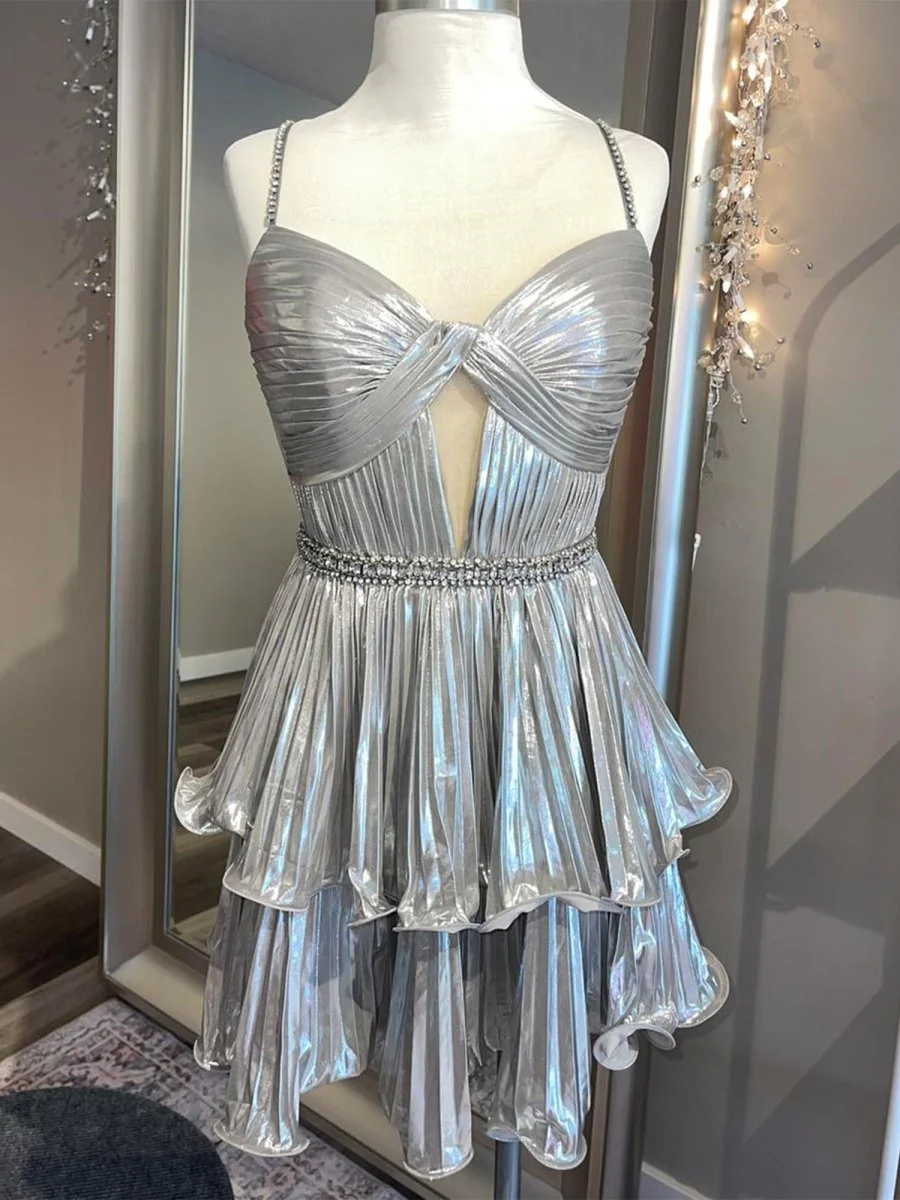 Silver - A Line Metallic Tiered Ruffles Cut Out Short Homecoming Dresses