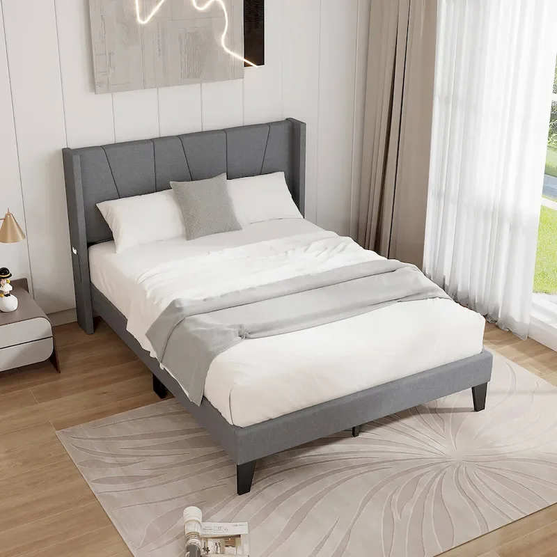 Grey Full Size Upholstered Wingback Platform Bed with Side Pockets, 1-Person