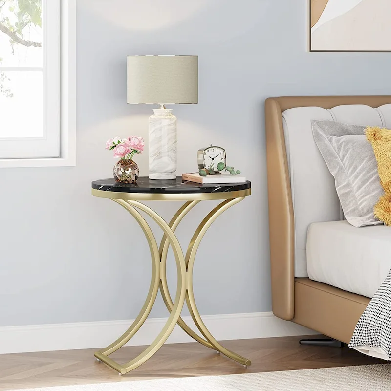 Round Side Table with Faux Marble Top and C-Shaped Metal Legs