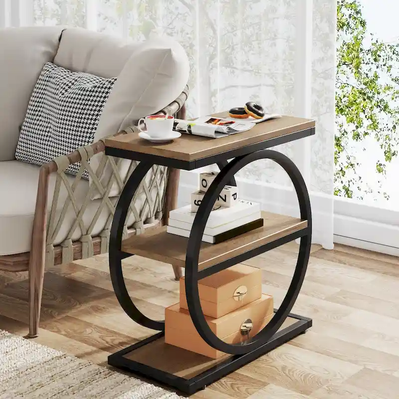 Industrial 3-Shelf Narrow End Table – Brown / Grey / Oak / Yellow