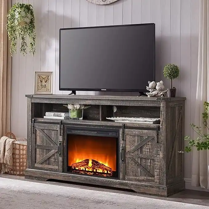 Dark Rustic Oak / Antique White Fireplace TV Stand with Sliding Barn Door – Fits up to 70