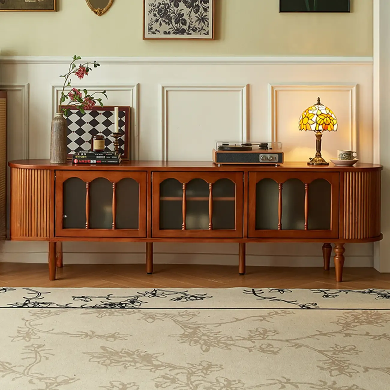 Art Deco Modern Wood TV Stand with Cable Management