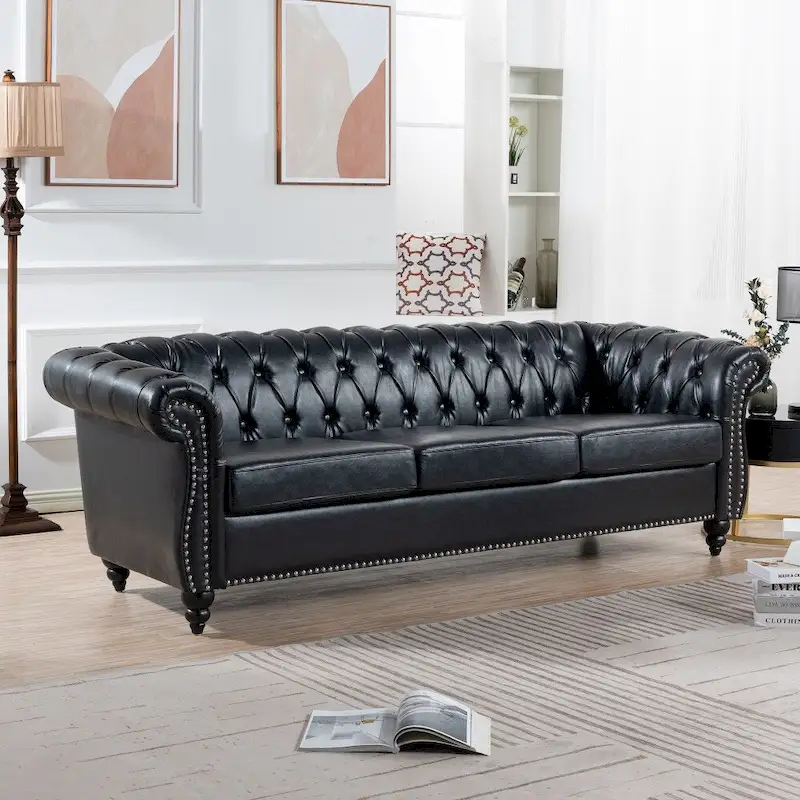 Brown Faux Leather Chesterfield Sofa for 3 People with Rolled Arms