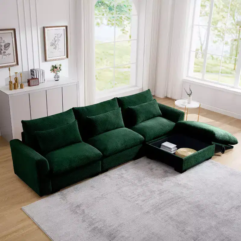 Okak Comfy L-Shaped Convertible Sectional Sofa with Storage Ottoman&3 Pillows, Modern Corduroy Upholstered Couch for Living Room,Apartment