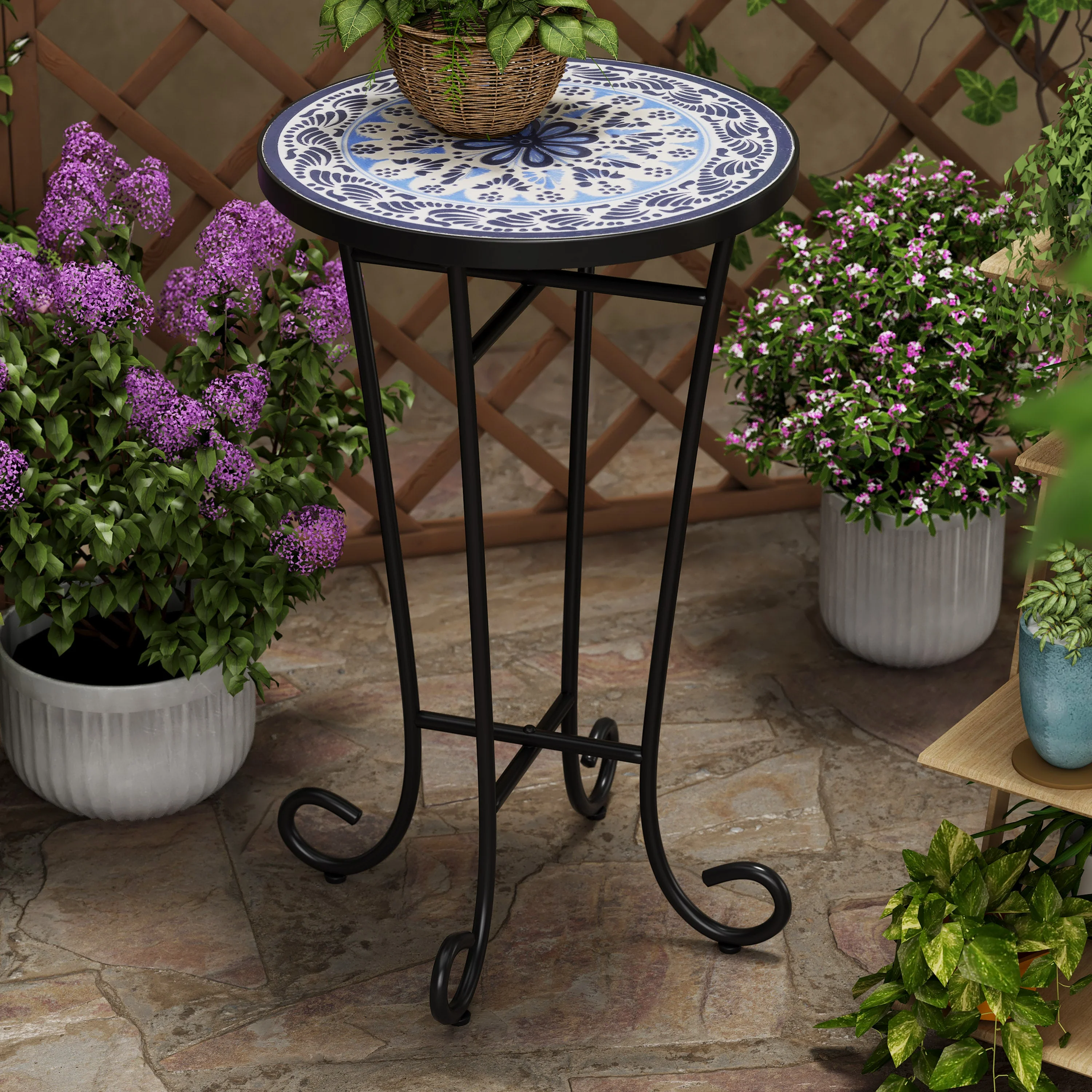 Outdoor Patio Round Side Table, Ceramic Tile