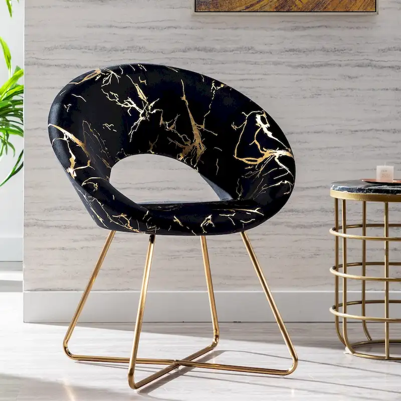 Black / Dark Green / Grey Gold-Print Velvet Accent Chair with Open-Cutout Back & Metal Crisscross Base, 1-Person