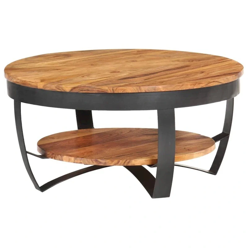 Brown Wood Coffee Table - Round Industrial Style for Living Room