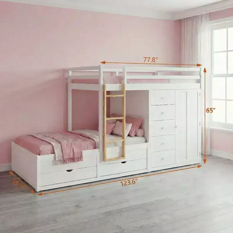 JVNOXK Full Size Bunk Bed with 2 Large Drawers & 5 Small Drawers, MDF & Solid Wood Construction, Modern Storage Design with Small Wardrobe,White