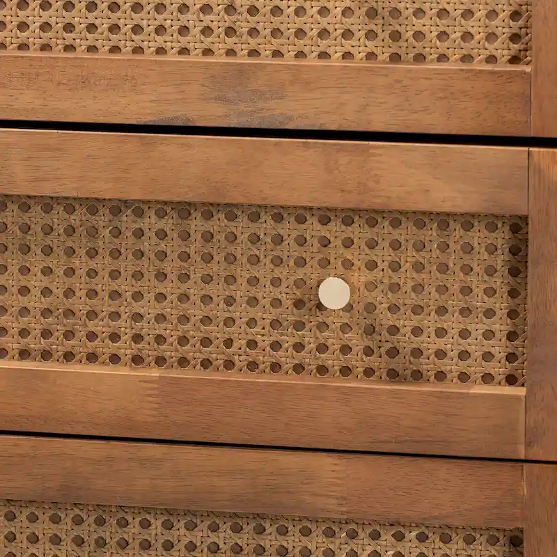 Ramiel Mid-Century Modern Ash Walnut Finished Wood and Rattan 4-Drawer Chest
