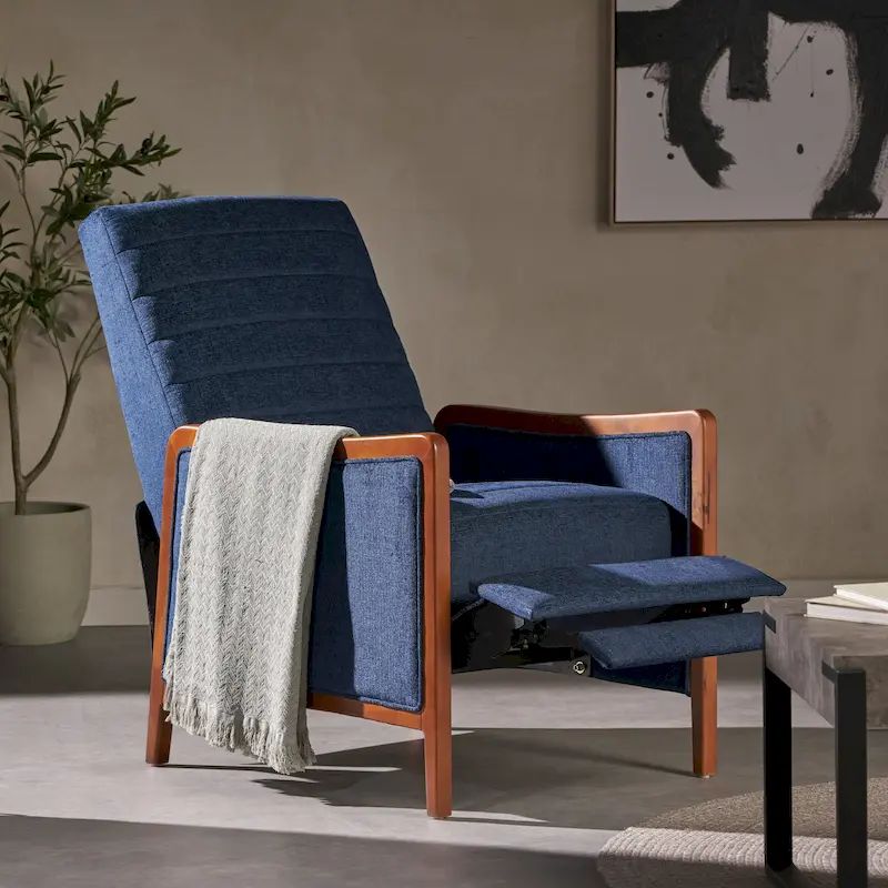 Channel Stitch Pushback Recliner, Fabric, Navy Blue / Sand / Gray with Walnut Frame, 1-Seat