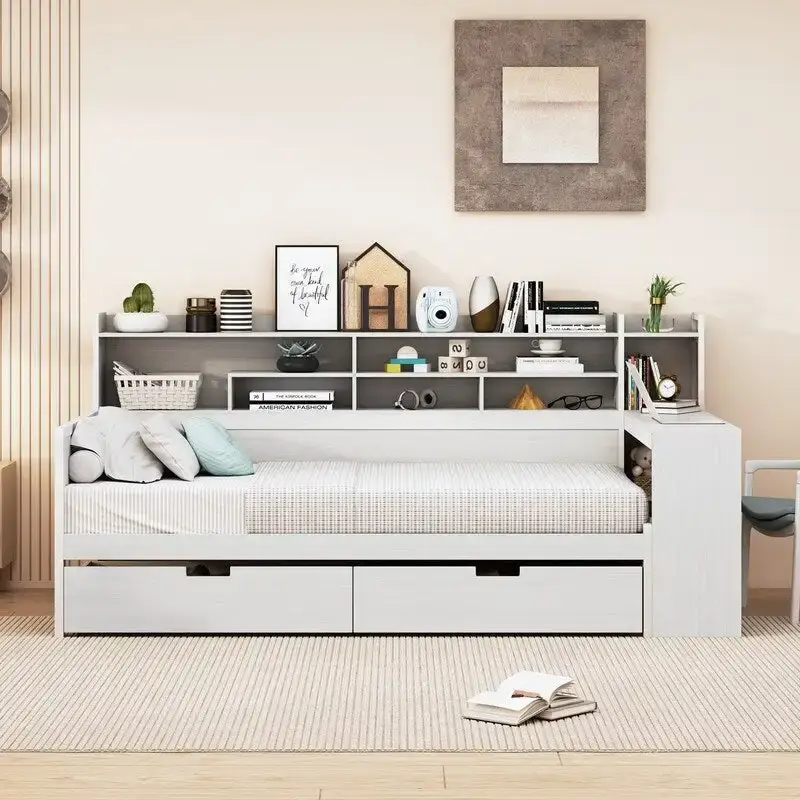 Natural / Antique White Twin Wooden Daybed with Side Storage Shelves, 2 Drawers & Foot-End Study Desk