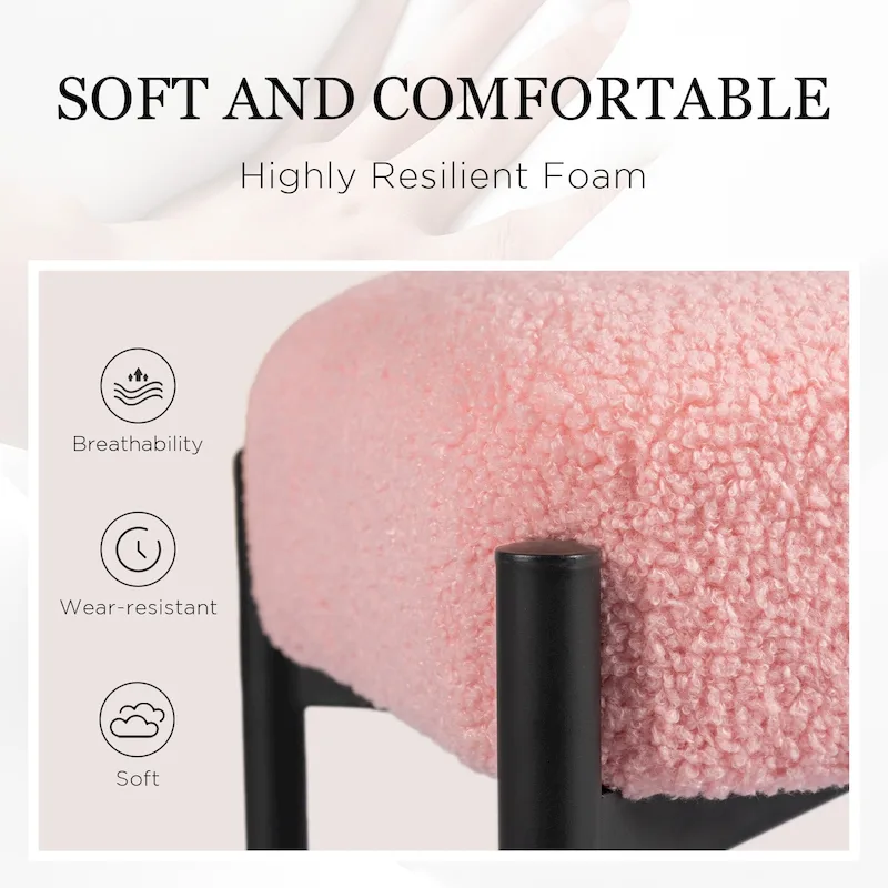 Faux Teddy Fur Round Vanity Stool, Ottoman Foot Stool