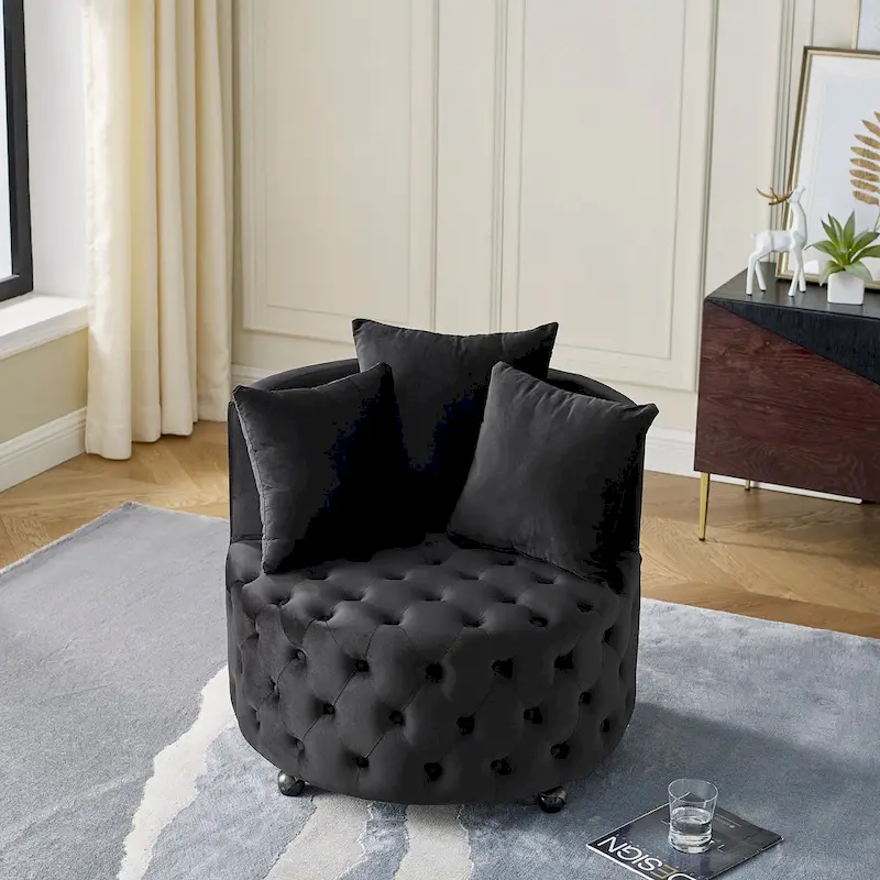 Living Room Velvet Swivel Chair with Button Tufted Design, 3 Pillows & Movable Wheels