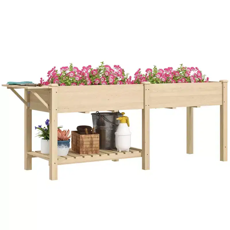Outsunny Raised Garden Bed, Wood Elevated Planter Box with Side Table, Bottom Shelf, Bed Liners and Drainage Holes