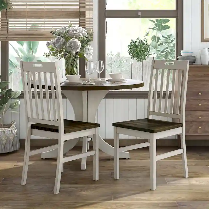 Farmhouse Antique White Wood Slatted Backs Dining Chairs
