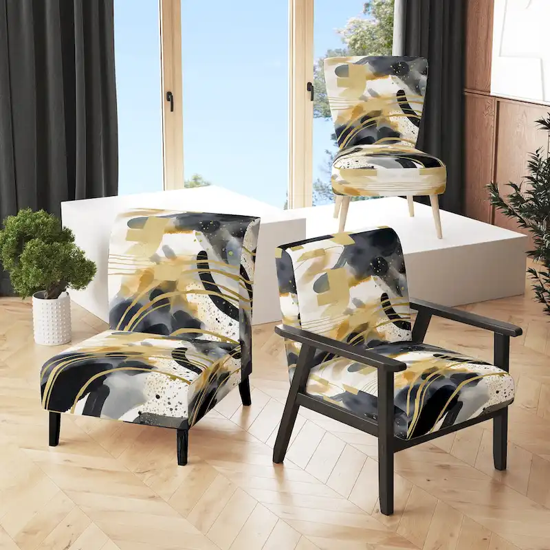 Gold Blue Black Abstract Pattern Upholstered Accent Chair – Single Seat