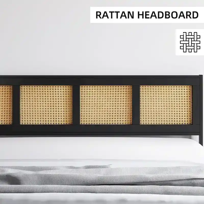 Platform Bed with Rattan Headboard and Footboard - Black Metal Frame
