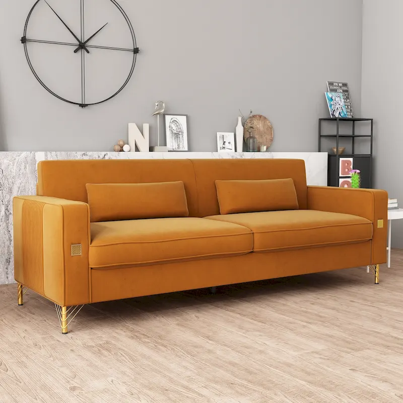 Orange Velvet 3-Seat Sofa with Gold Metal Legs