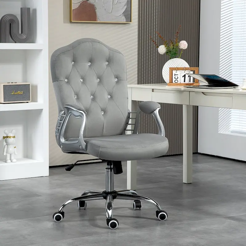 Vinsetto Home Office Chair,Velvet Computer Chair,Button Tufted Desk Chair with Swivel Wheels,Adjustable Height,and Tilt Function