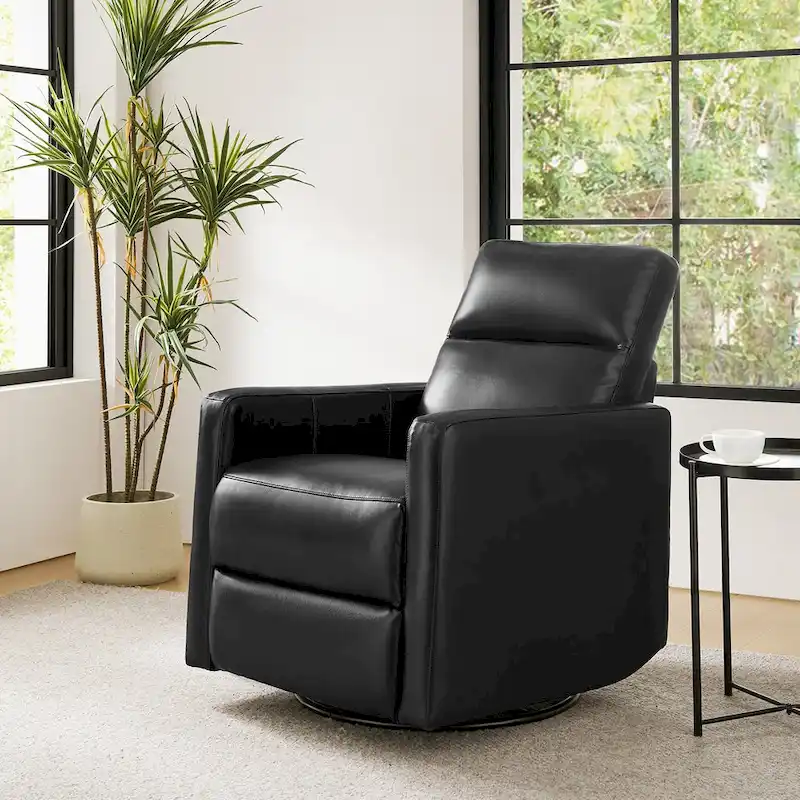 Genuine Leather Swivel Rocker Recliner with Adjustable Headrest - Modern Manual Reclining Chair 360° Rotation