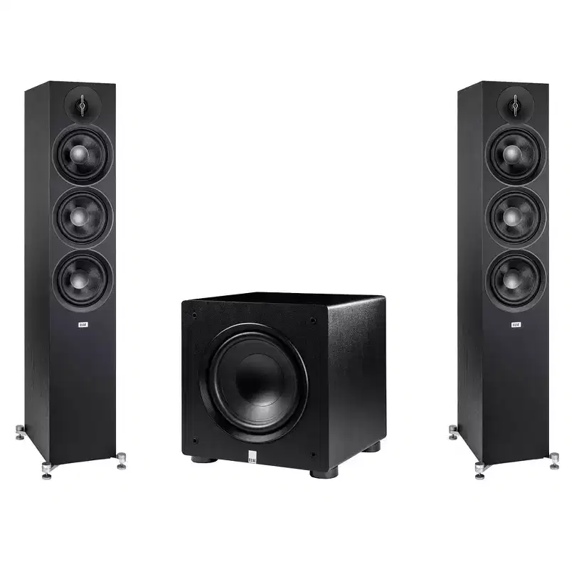Elac - Two DF63-BK - Debut 3.0 6.5 Floor Speaker - Black and Elac PS250-BK - Varro Premium 10 250 Watt Powered Subwoofer with Auto-EQ