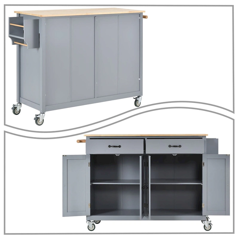 Classic Wooden Kitchen Island Cart with 2 Drawers, 2 Cabinets, a Towel Rack and a Spice Rack