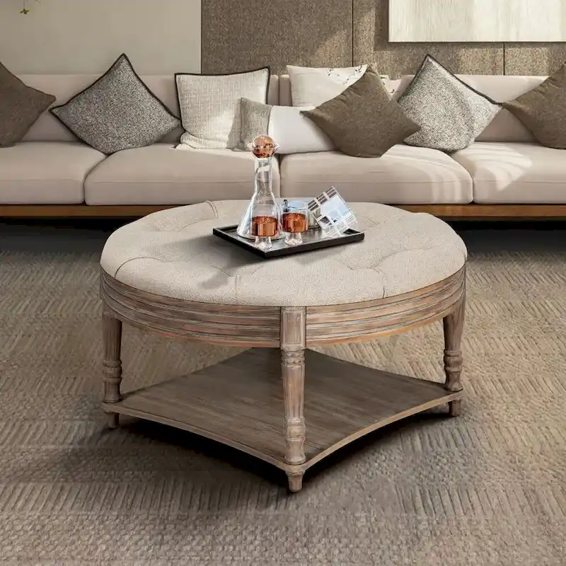 Light Grey Round Tufted Ottoman with Wood Top, 2-Tier Storage, 1-Person