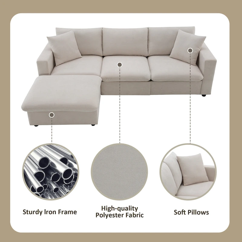 L-shaped Polyester Fabric Couch Set with 2 Free Pillows and Convertible Ottoman
