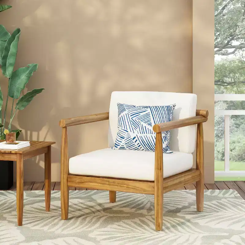 Christopher Knight Home Bonsallo Outdoor Acacia Wood Club Chair with Weather-Resistant Cushions, Teak/Cream