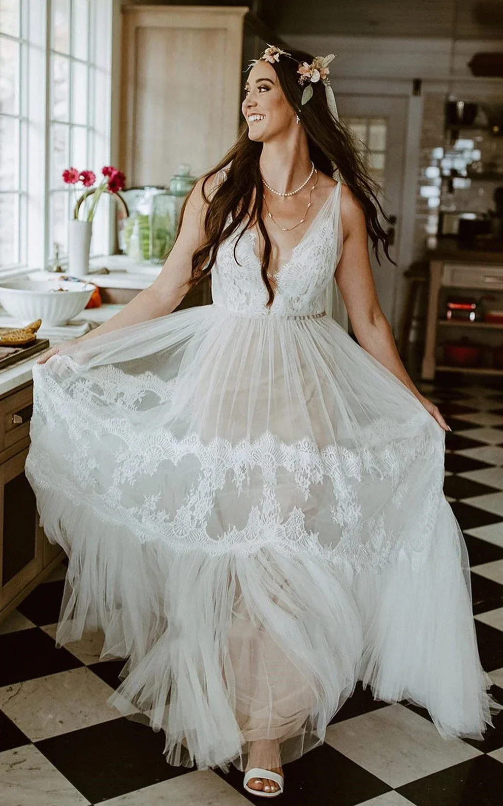 A-Line Lace Bohemian V-neck Wedding Dress With Low-V Back And Appliques