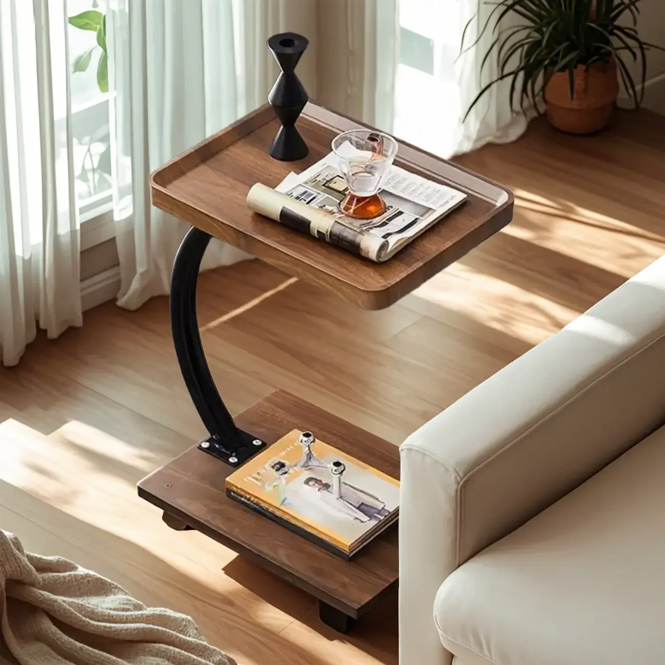 Wooden Round C-Shaped Side Table with Swivel Wheels