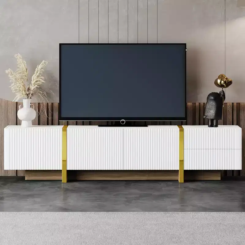 VIYET 74Luxury Fluted TV Stand for 80 TVs, White Media Console w/ Storage Cabinets/Drawers & Golden Wood Grain Legs