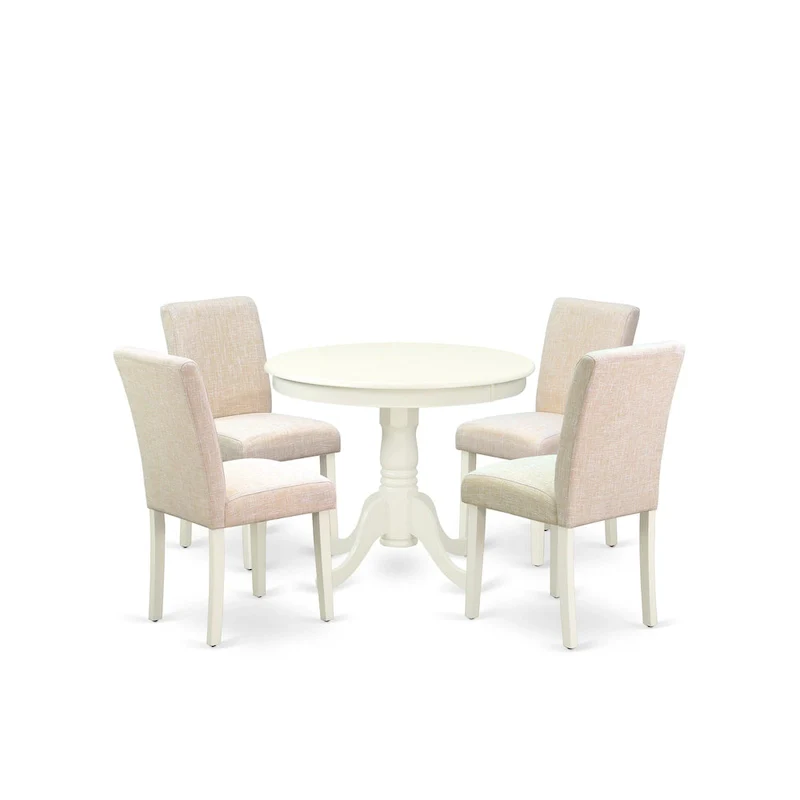 East West Furniture Dining Table Set- A Round Kitchen Table and Light Beige Linen Fabric Chairs, Linen White (Pieces Options)