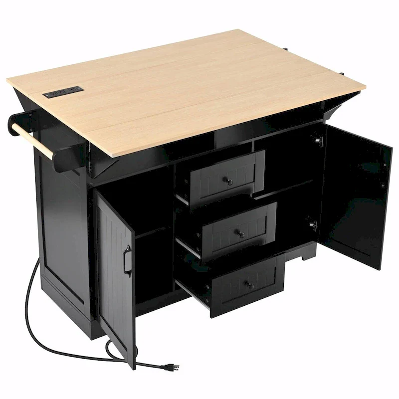 55.7 Kitchen Island with Drop Leaves, Rolling Cart with Power Outlet, Spice Rack, and 3 Drawers