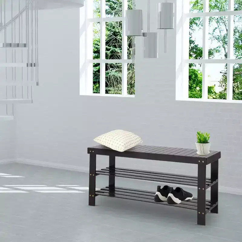 Karl Home 3-Tier Coffee Bamboo 35.43in. W Shoe Rack Shoe Storage Bench