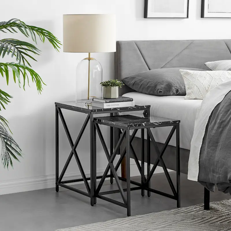 Modern Square Marble Finish Veneer Top Black Metal Frame Nesting End Tables - Set of 2