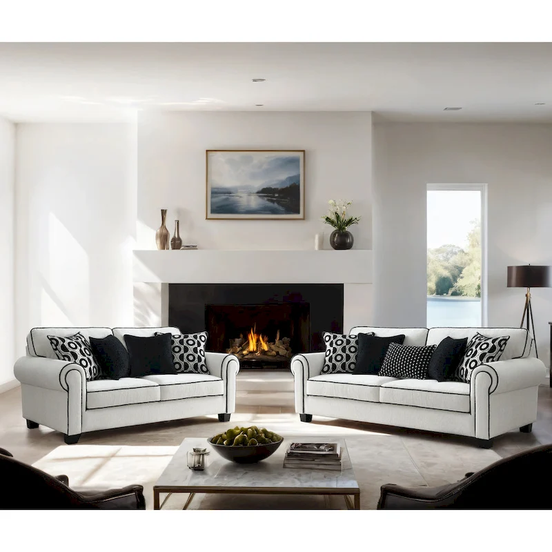 Furniture of America Anastasia Modern White Chenille Loveseat with Accent Pillows