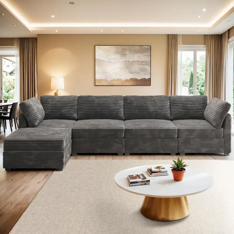 OVIOS Long Plush Deep Seat Indoor Sofa With Ottoman