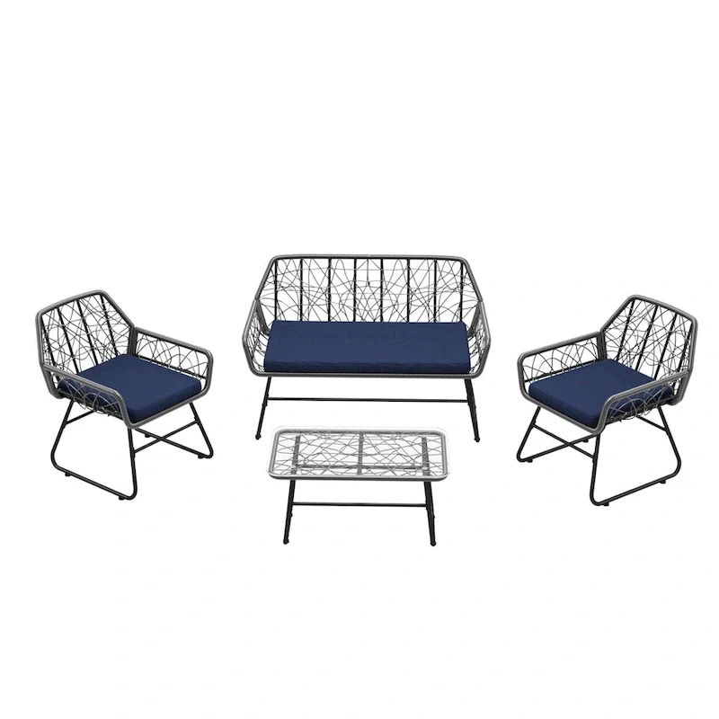 4-Piece Wicker Patio Set with Tempered Glass Table and Detachable Blue Cushions