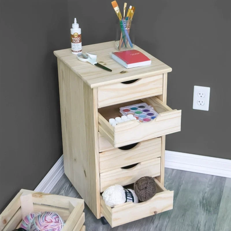 Solid Wood 6-Drawer Rolling Cart - Unfinished Natural, Mobile Storage, Craft Organizer, 15.4L x 25.4H