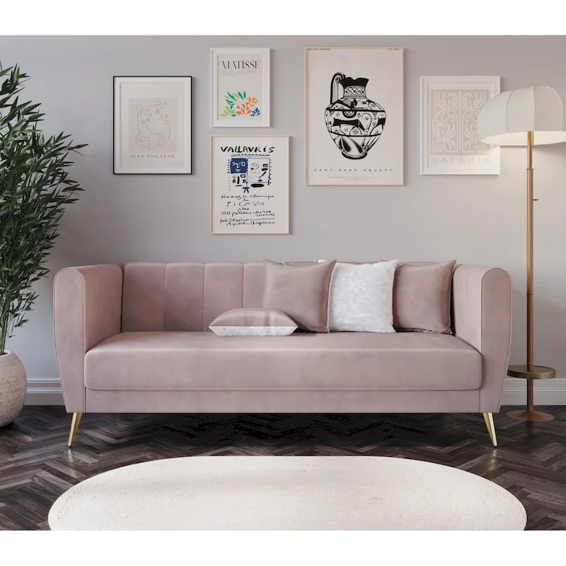 Velvet 3-Seater Sofa with Flared Arms (Includes 4 Throw Pillows)