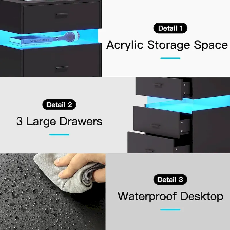 3 Drawers Nightstand Acrylic LED Light Charging Station