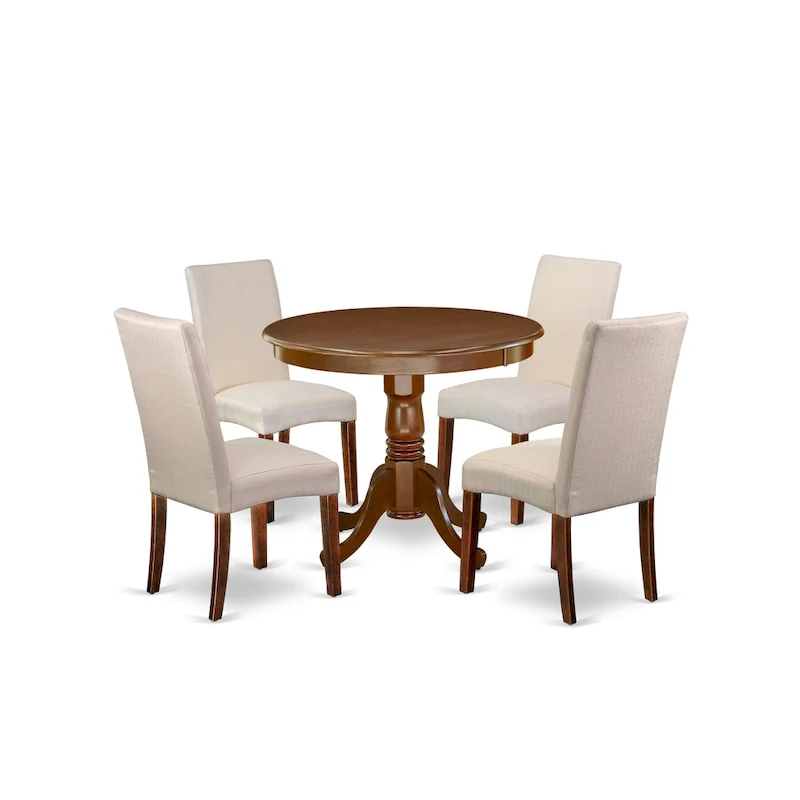 East West Furniture Kitchen Table Set- A Round Dining Room Table and Cream Linen Fabric Parson Chairs, Mahogany (Pieces Options)