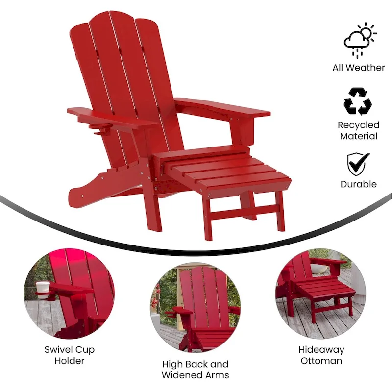 Commercial All-Weather Adirondack Chair with Pullout Ottoman & Cupholder