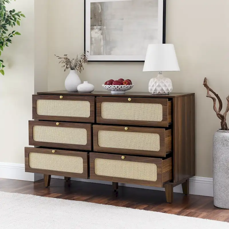 6-Drawer Dresser with Rattan Weave Fronts - Wood - 56 Inch
