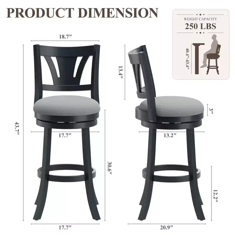 Ora Maison Swivel Bar Stools with Ergonomic Backrest, Solid Wood Frame and Footrest  for Kitchen, Bar, Restaurant & Caf