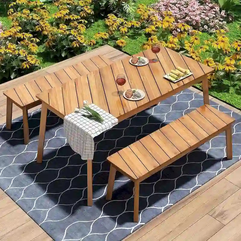 3 PCS OutdoorAcacia Wood Table Bench Dining Set With 2 Benches