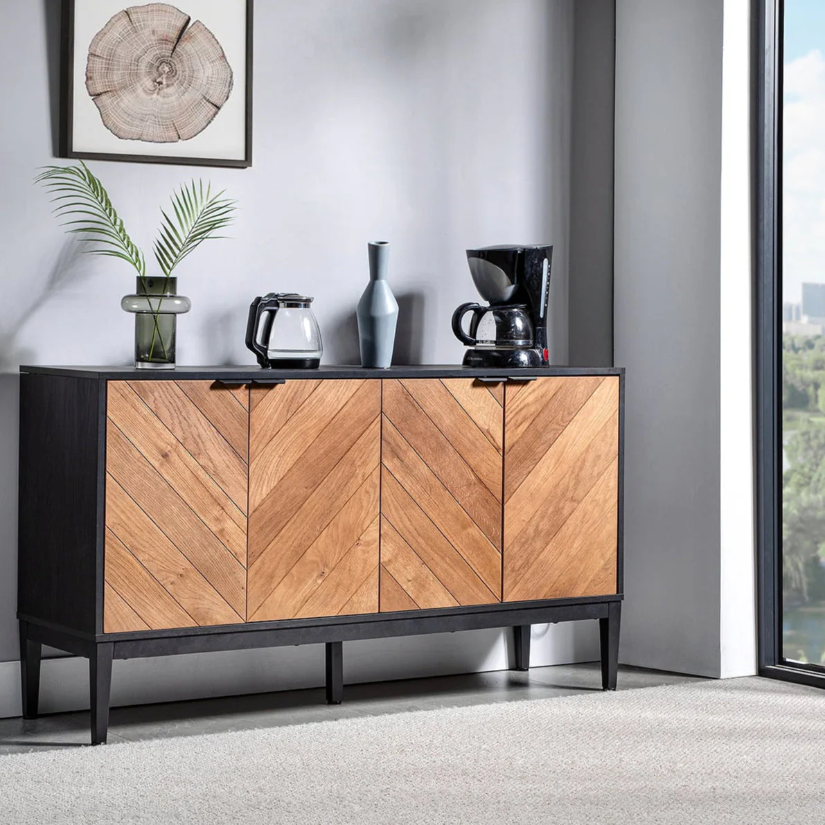 55 in Chevron Wood Grain 4-Door Sideboard with Adjustable Shelves, Metal Legs & Magnetic Catch | Black / Walnut | Single